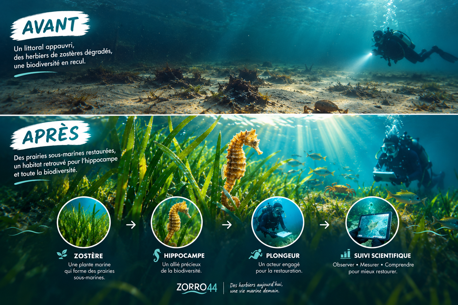 Herbier de zostères marines, habitat essentiel de la biodiversité côtière